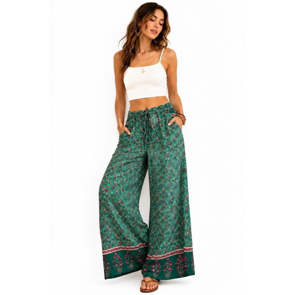 Boho Green Floral Paisley Wide Leg Palazzo Pants 100% Rayon Boho - Picture 1 of 7
